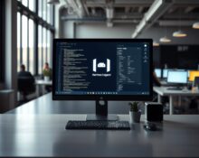 Computer monitor displaying Hermes AI agent interface in a modern startup office setting