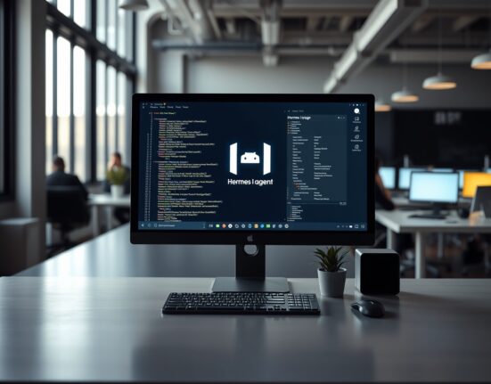 Computer monitor displaying Hermes AI agent interface in a modern startup office setting
