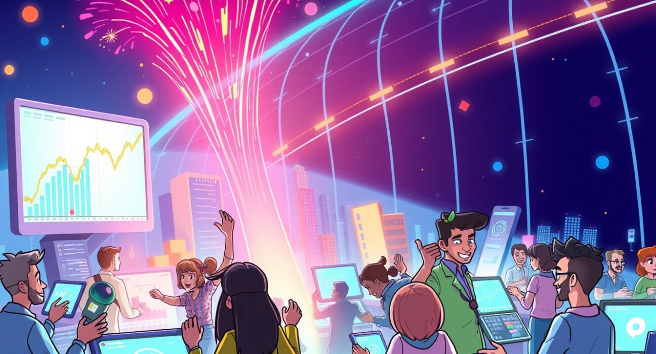 A vibrant cartoon illustrating the stunning surge in global prediction market volume with animated trading activity.