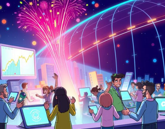 A vibrant cartoon illustrating the stunning surge in global prediction market volume with animated trading activity.