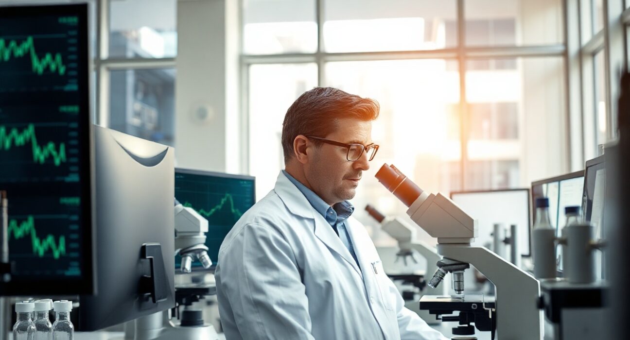 Scientist in lab with financial charts in background representing NRx Pharmaceuticals Q2 results