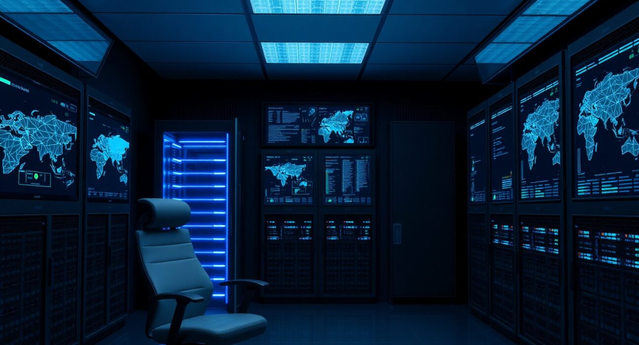 Secure government data center control room with AI server infrastructure for NSA's Anthropic Mythos operations
