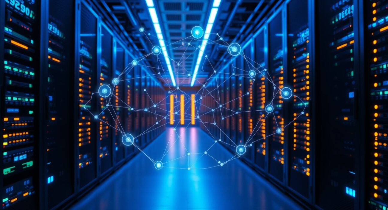 Interior of a modern data center with AI workload management software visualization overlay