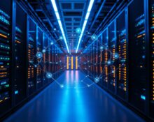 Interior of a modern data center with AI workload management software visualization overlay