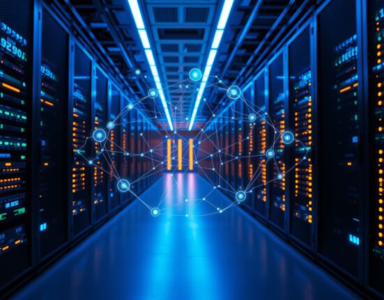 Interior of a modern data center with AI workload management software visualization overlay