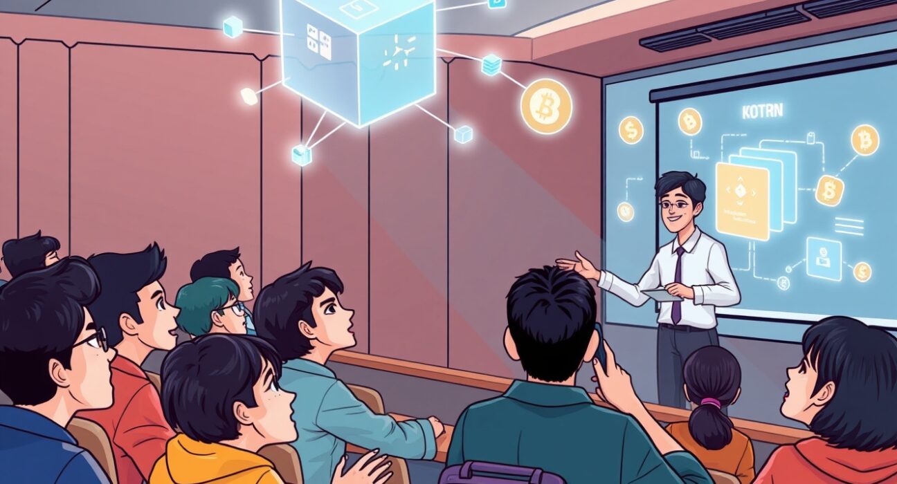 Illustration of students engaging with advanced tech, symbolizing the innovative NTU Blockchain Master's Program shaping future Web3 leaders.