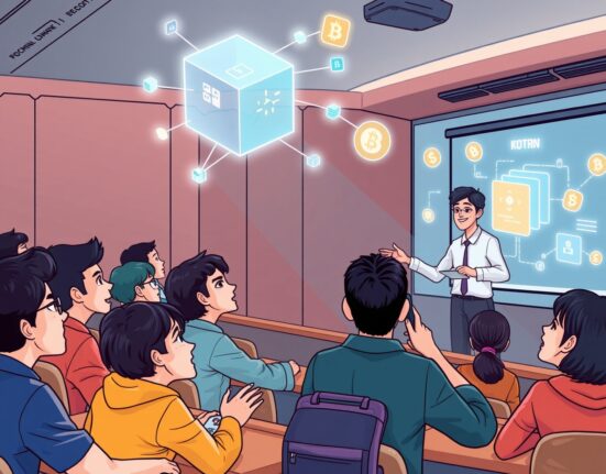Illustration of students engaging with advanced tech, symbolizing the innovative NTU Blockchain Master's Program shaping future Web3 leaders.