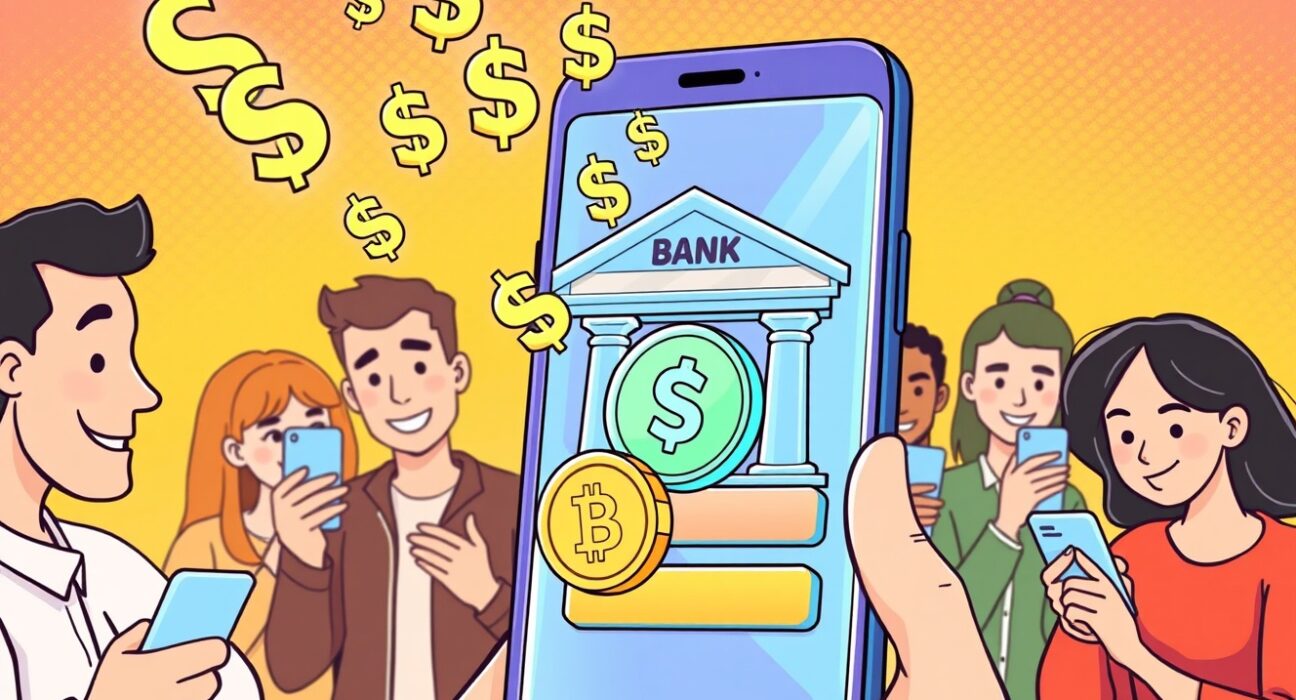 A vibrant cartoon showing Nubank enabling seamless Nubank stablecoin payments on a smartphone, symbolizing accessible digital finance.