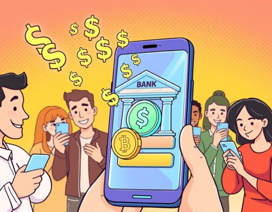 A vibrant cartoon showing Nubank enabling seamless Nubank stablecoin payments on a smartphone, symbolizing accessible digital finance.