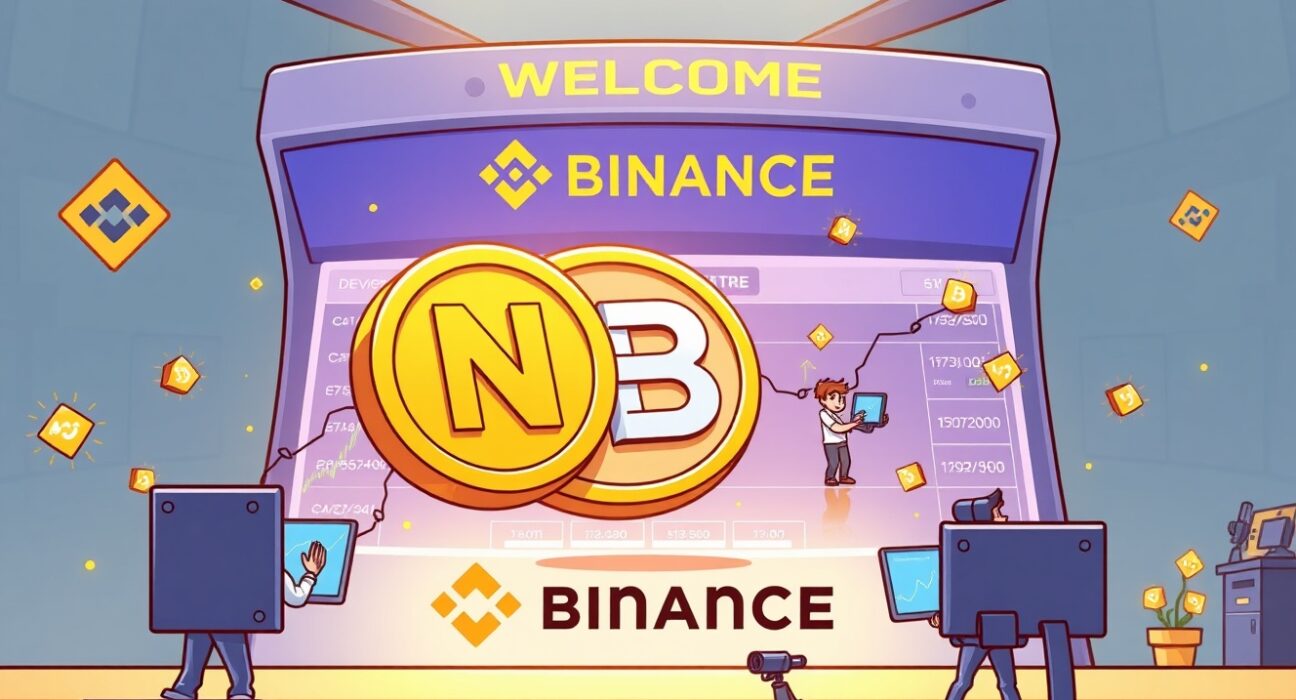 Cartoon showing Nubila Network coin being listed on Binance Alpha, symbolizing new trading opportunities for early-stage crypto.