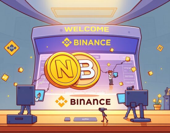 Cartoon showing Nubila Network coin being listed on Binance Alpha, symbolizing new trading opportunities for early-stage crypto.