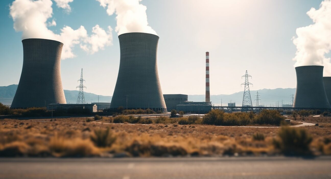 Nuclear power plant with cooling towers operating during a heatwave, emitting steam into a clear sky.
