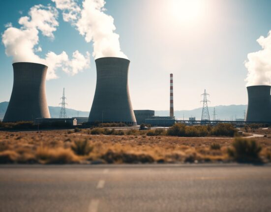 Nuclear power plant with cooling towers operating during a heatwave, emitting steam into a clear sky.
