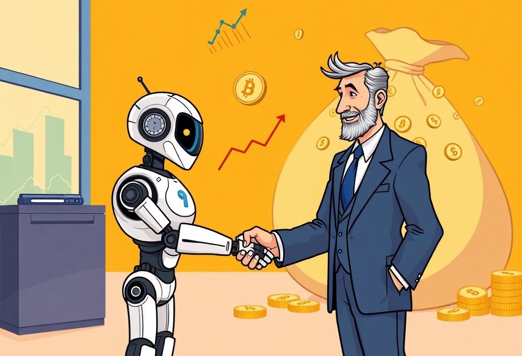 Cartoon showing a significant Numerai investment deal with JPMorgan, symbolizing growth and the NMR token's future.