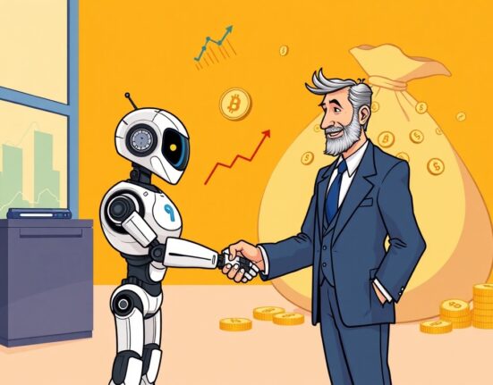 Cartoon showing a significant Numerai investment deal with JPMorgan, symbolizing growth and the NMR token's future.