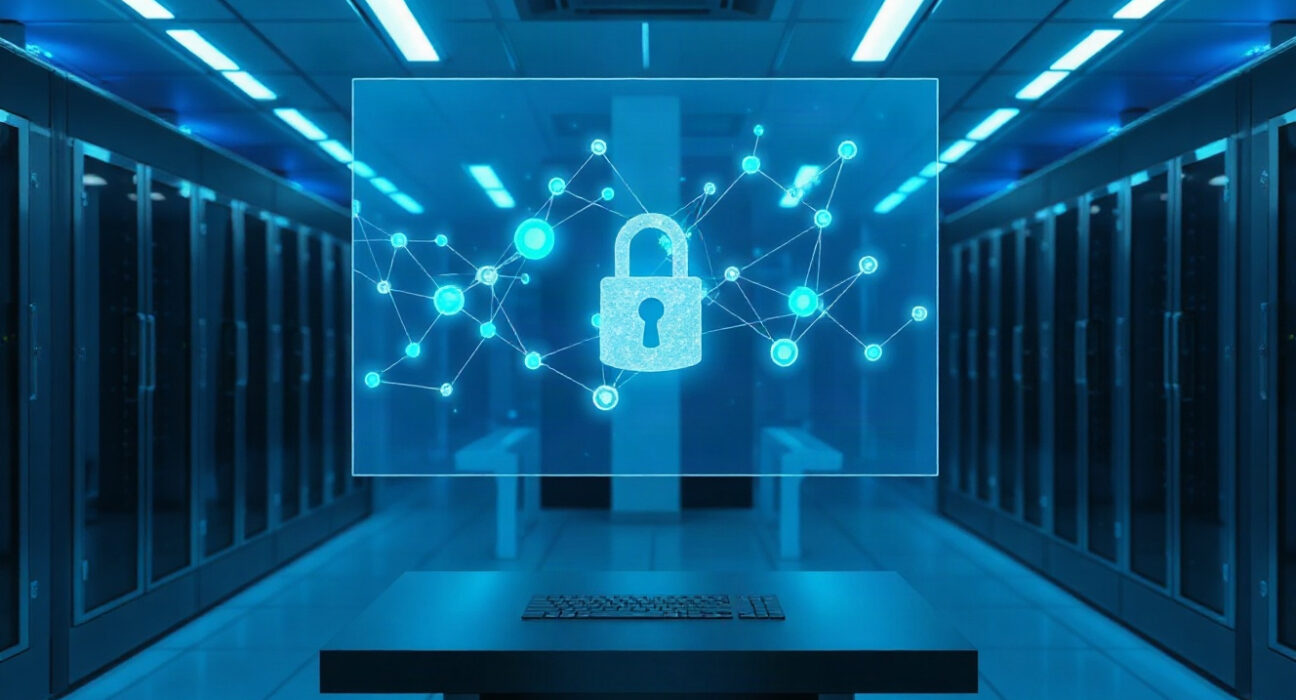 Digital network hologram in a data center symbolizing Chainlink oracle infrastructure for Nuva RWA vaults