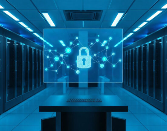 Digital network hologram in a data center symbolizing Chainlink oracle infrastructure for Nuva RWA vaults