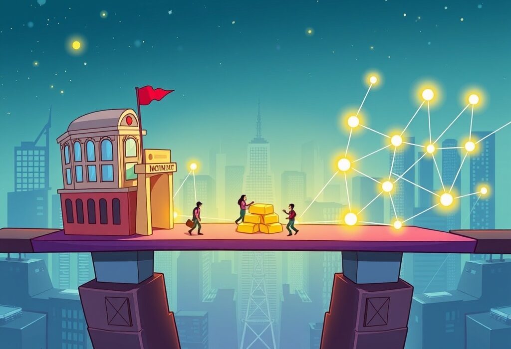 A cartoon illustration showing real-world assets transforming into digital tokens on the NUVA marketplace, bridging traditional finance with blockchain.