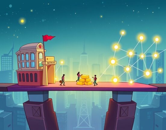 A cartoon illustration showing real-world assets transforming into digital tokens on the NUVA marketplace, bridging traditional finance with blockchain.