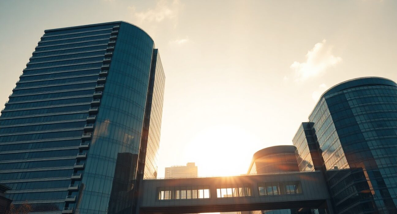 Two modern office towers representing Nuvei and Payoneer, symbolizing their merger in a $2.75 billion deal.