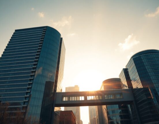 Two modern office towers representing Nuvei and Payoneer, symbolizing their merger in a $2.75 billion deal.