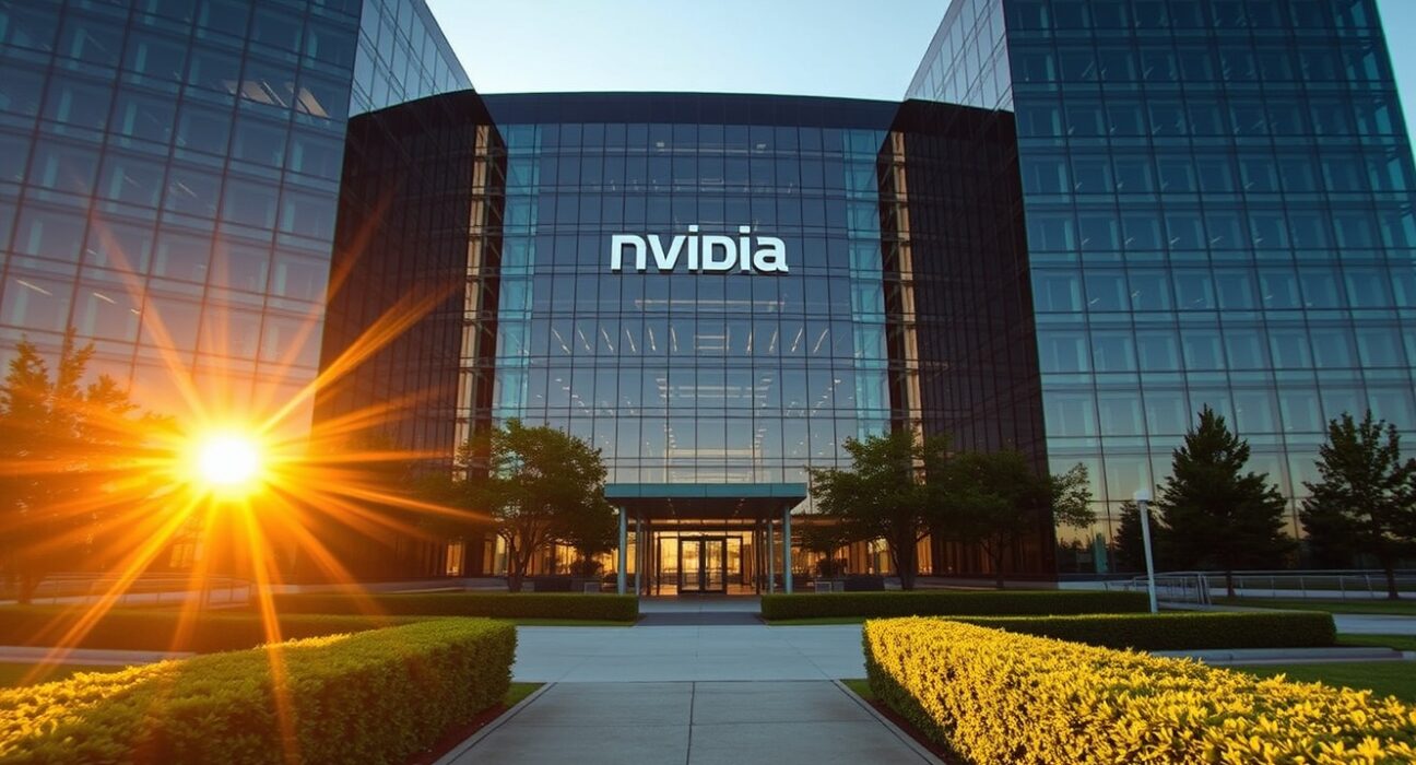 Nvidia headquarters in Santa Clara, California, with modern glass architecture and landscaped grounds.