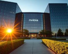 Nvidia headquarters in Santa Clara, California, with modern glass architecture and landscaped grounds.