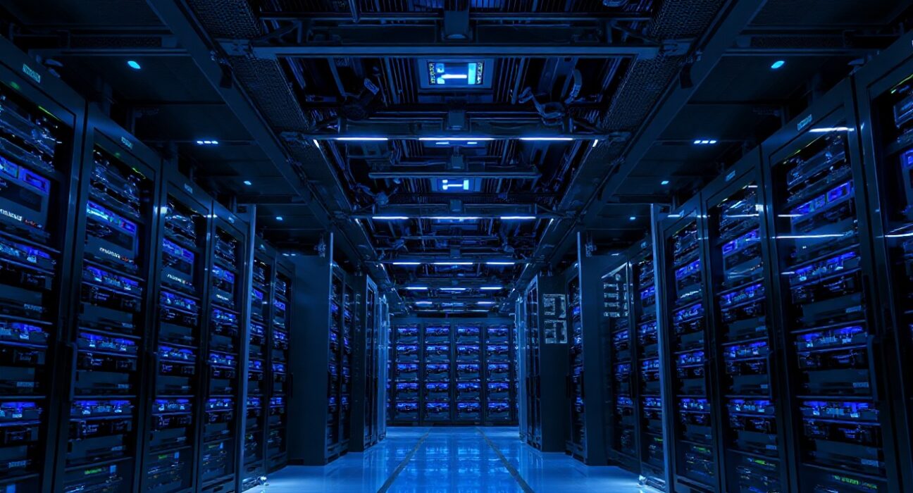 Interior of a modern AI data center with Nvidia GPU server racks illuminated by blue lights