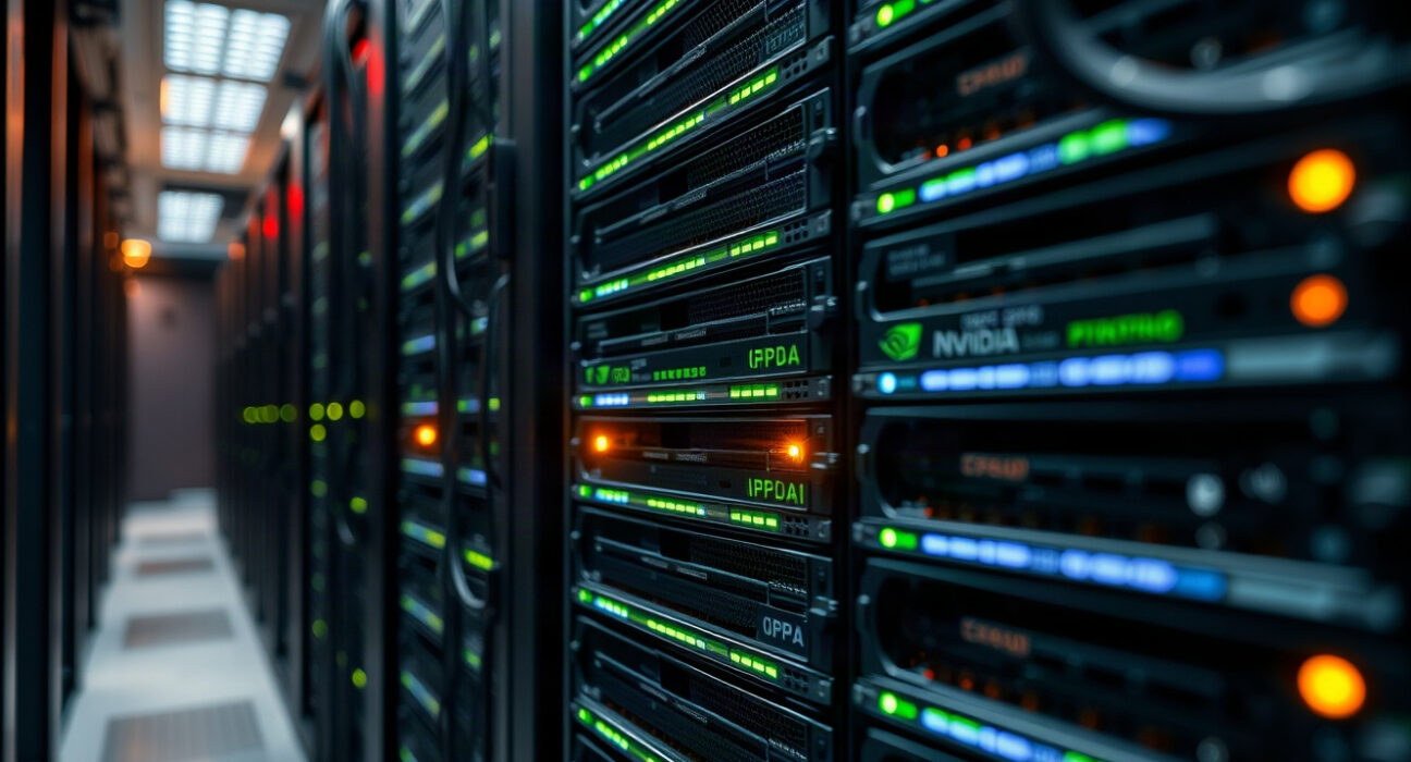 Nvidia GPU accelerators in a data center server rack, illustrating AI hardware demand