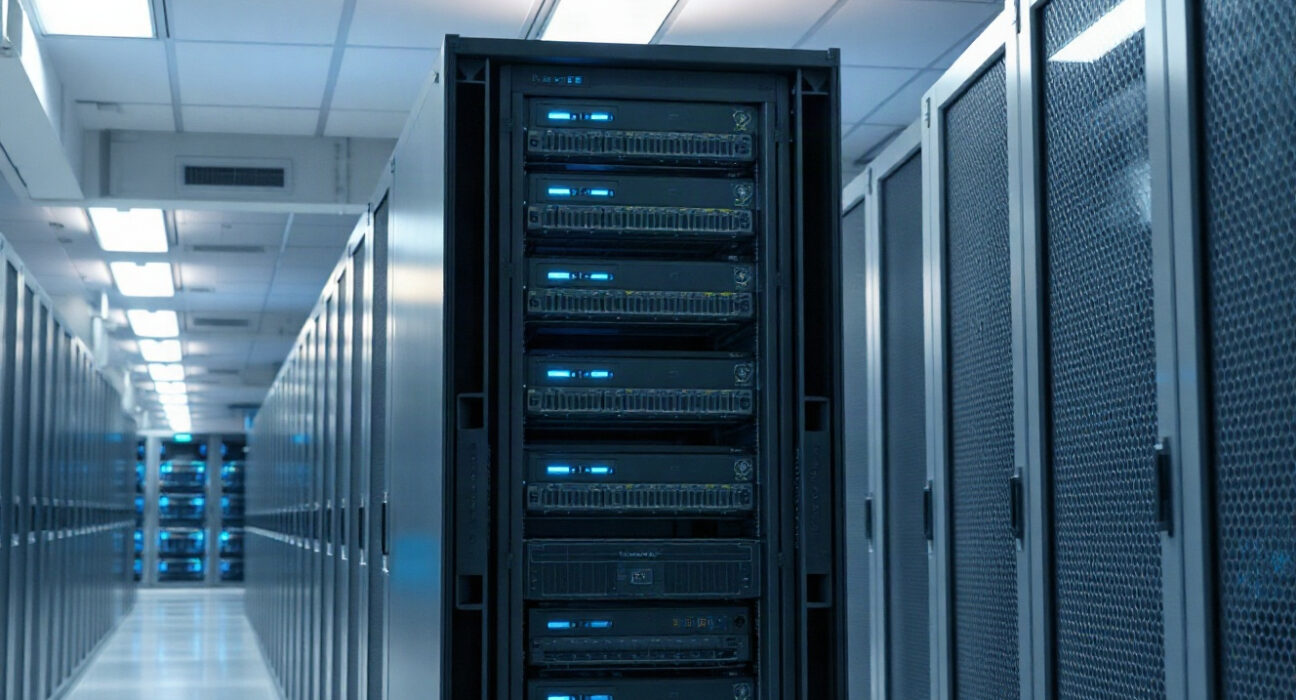 Data center racks with advanced AI hardware, highlighting Nvidia's system-level approach.