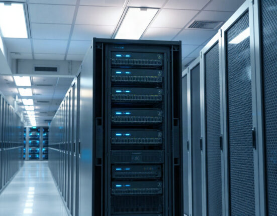 Data center racks with advanced AI hardware, highlighting Nvidia's system-level approach.