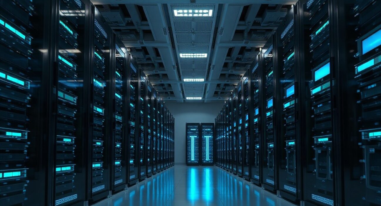 Interior of a modern data center with GPU servers, illustrating Nvidia's AI infrastructure expansion.