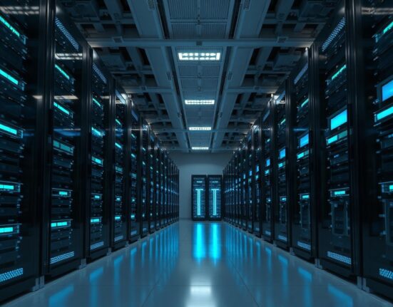 Interior of a modern data center with GPU servers, illustrating Nvidia's AI infrastructure expansion.