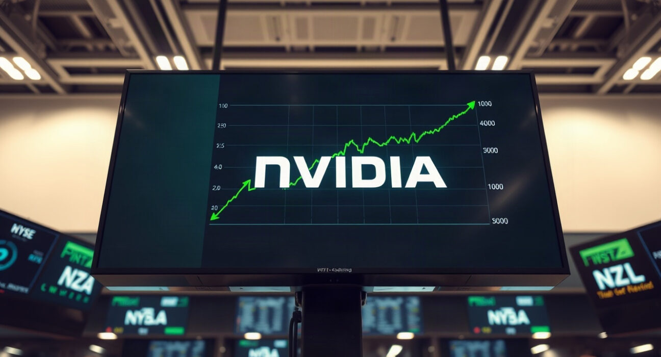 Stock market display showing a rising chart with Nvidia's logo in a trading floor setting.