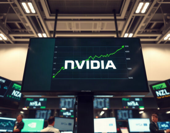 Stock market display showing a rising chart with Nvidia's logo in a trading floor setting.
