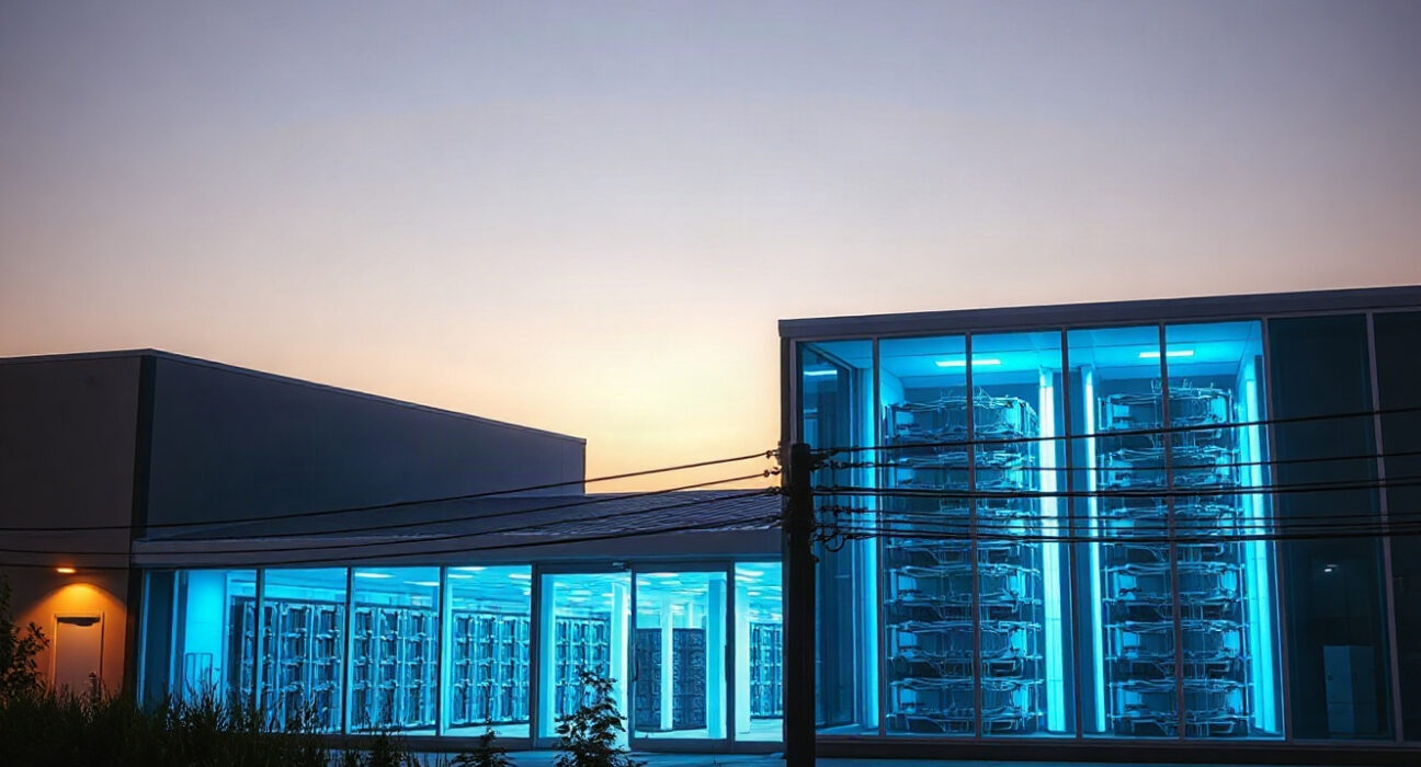 Modern data center with power infrastructure at dusk, representing Nvidia's investment in Cloverleaf.