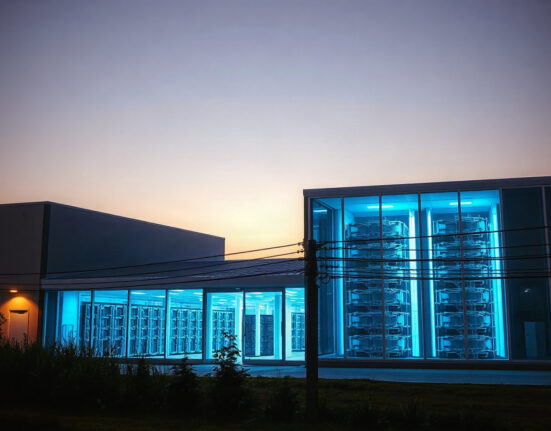 Modern data center with power infrastructure at dusk, representing Nvidia's investment in Cloverleaf.