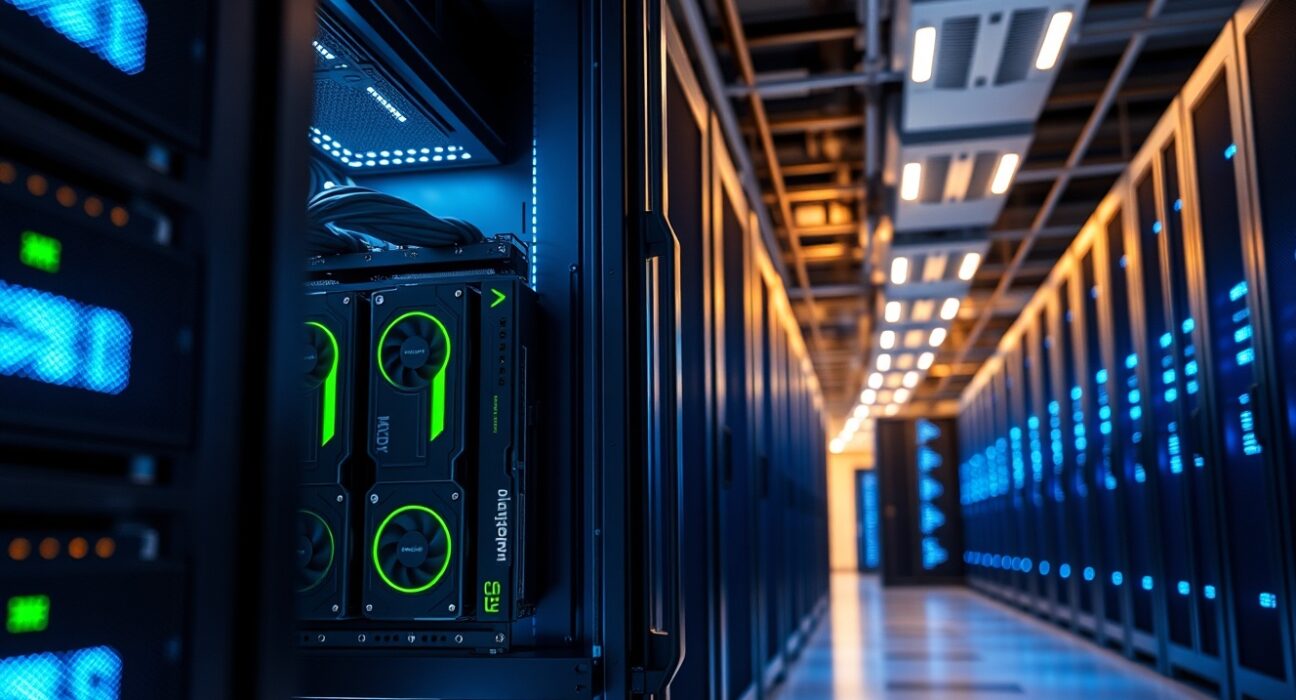 Data center server racks with Nvidia GPUs and Micron memory modules, representing the shifting AI hardware market