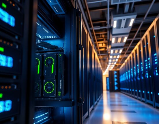 Data center server racks with Nvidia GPUs and Micron memory modules, representing the shifting AI hardware market