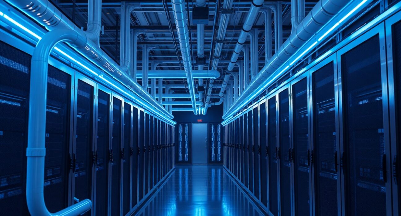 Interior of a modern data center with liquid cooling pipes and server racks illuminated by blue light