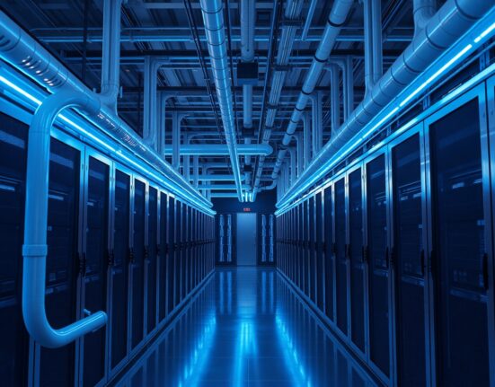 Interior of a modern data center with liquid cooling pipes and server racks illuminated by blue light