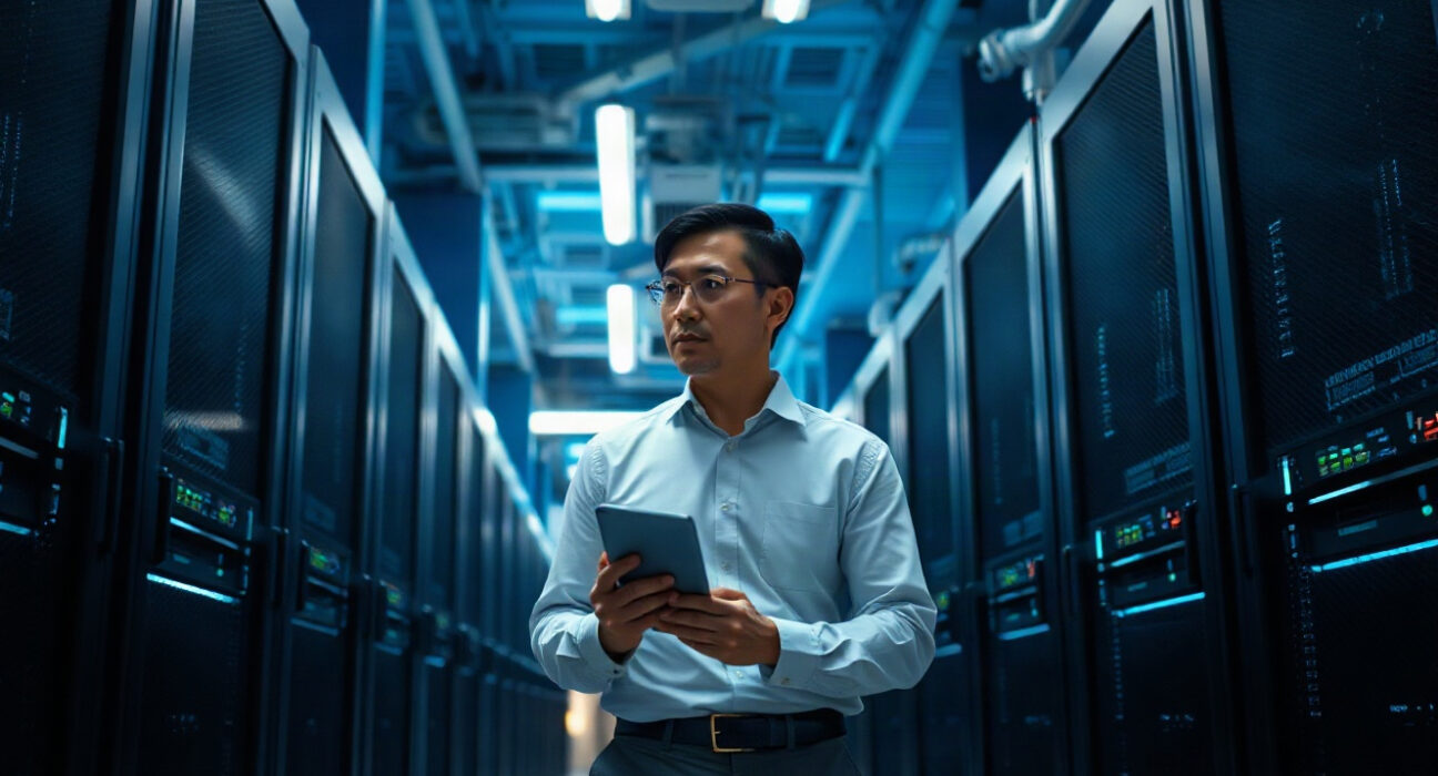Engineer inspecting server racks in a modern data center, representing Nvidia's data center business.