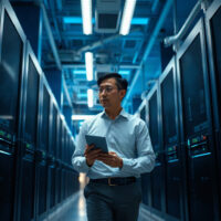 Engineer inspecting server racks in a modern data center, representing Nvidia's data center business.