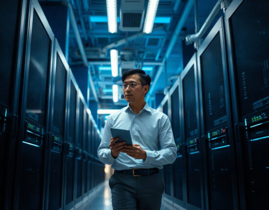 Engineer inspecting server racks in a modern data center, representing Nvidia's data center business.
