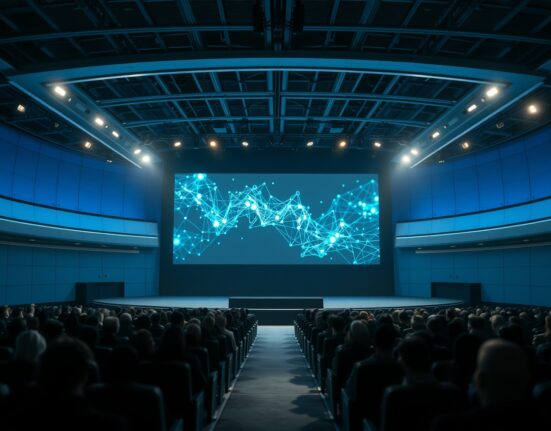 The stage at SAP Center prepared for Jensen Huang's Nvidia GTC 2026 keynote address on AI and computing.