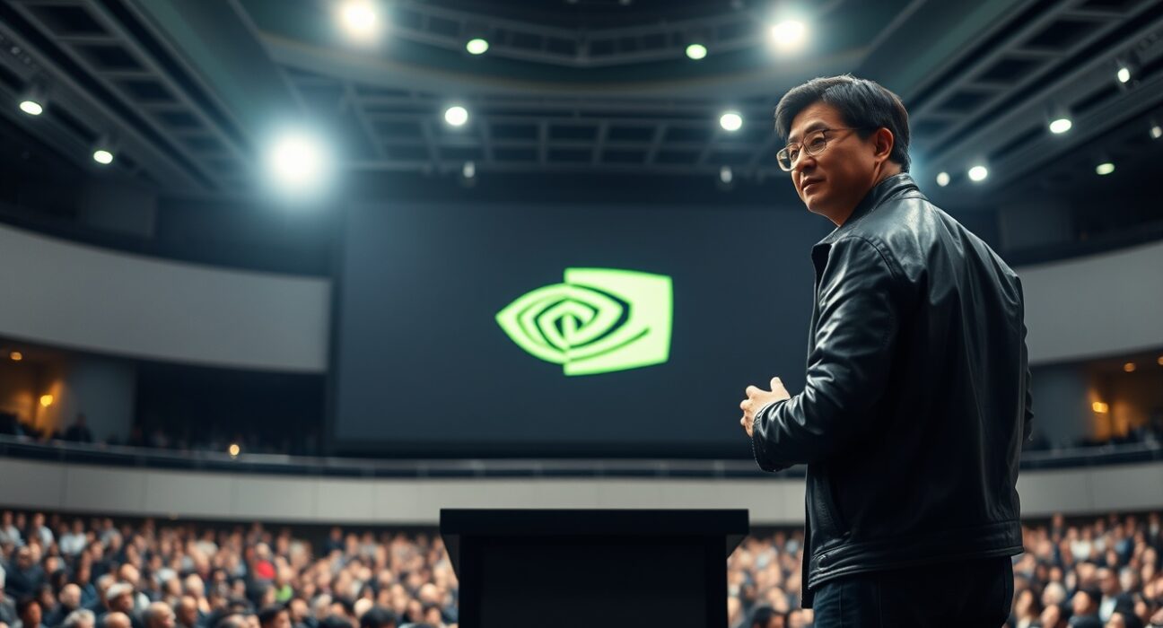 Nvidia CEO Jensen Huang delivering the GTC 2025 keynote on AI and semiconductors.