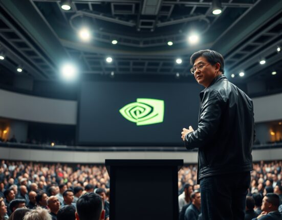 Nvidia CEO Jensen Huang delivering the GTC 2025 keynote on AI and semiconductors.