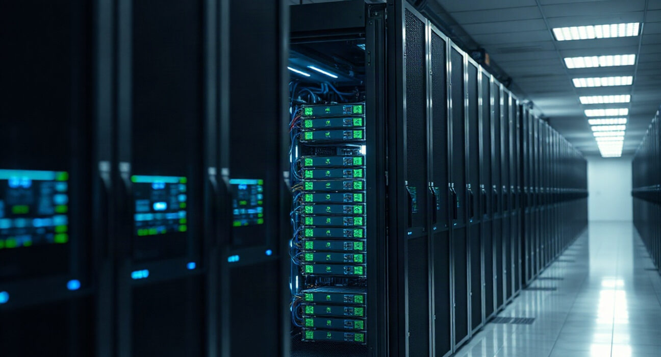 A view of a modern data center aisle with server racks, representing Nvidia's AI infrastructure.