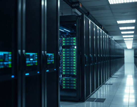 A view of a modern data center aisle with server racks, representing Nvidia's AI infrastructure.