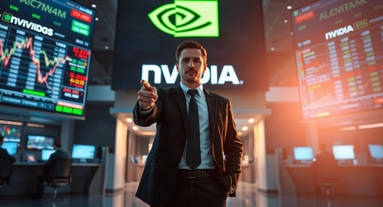 Market analyst pointing at screens displaying Nvidia stock charts on a trading floor